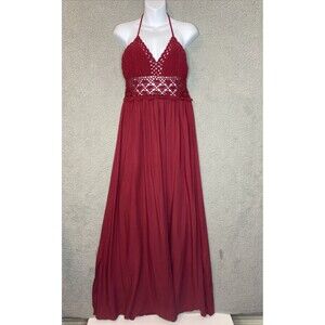 NWT Boho Crochet Halter Backless Maxi Dress Womens Sz XL Red Wine Maroon Cinched